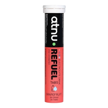 Rød tube med 20 ATNU Refuel Sød Grape elektrolyttabletter, hver til 500 ml, uden koffein.