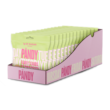 Lysegrønne Pandy Candy-poser i pink kasse, smag af vild jordbær/grøn æble, 1g sukker pr. pose.
