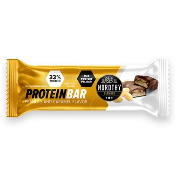 Proteinbar med hvidt og guld design, 33% protein, 15g pr. bar, uden tilsat sukker.