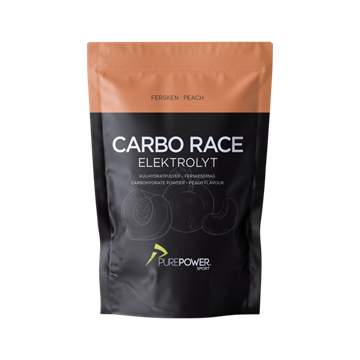 Sort og ferskenfarvet pose med "Carbo Race Elektrolyt" og ferskenmotiv fra PurePower.