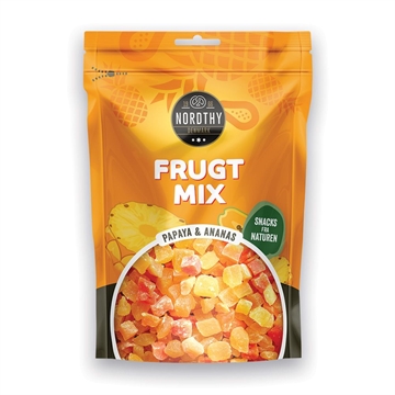 Nordthy Frugtmix-pakke med papaya og ananas, 100g, i orange pose med frugtillustrationer.