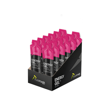 Displayboks med 12 pink PurePower Energy Gel pakker, hver med sort tekst og 40g gel.