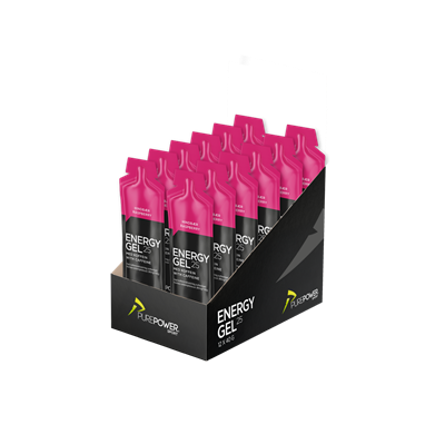 Displayboks med 12 pink PurePower Energy Gel pakker, hver med sort tekst og 40g gel.