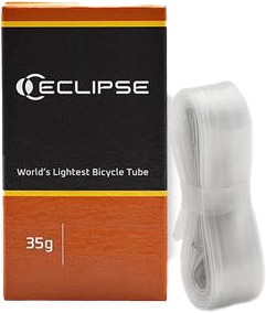 Sort og orange emballage, "World's Lightest Bicycle Tube," 35g. Slange synlig ved siden af pakken.