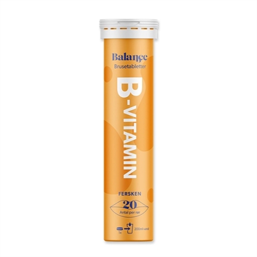 Orange Balance beholder med B-vitamin brusetabletter, fersken smag, 20 stk., 200 ml vand anbefalet.
