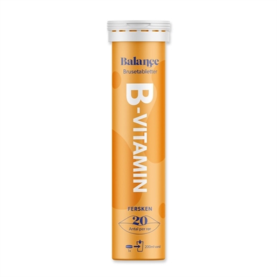 Orange Balance beholder med B-vitamin brusetabletter, fersken smag, 20 stk., 200 ml vand anbefalet.