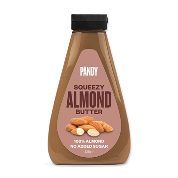 Pandy mandelsmør i en klembare flaske, 325g. Tekst: "100% Almond," "No Added Sugar."