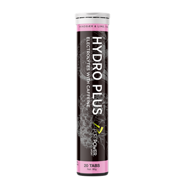 Tube med 20 PurePower Hydro Plus tabletter, hindbær & lime smag, med koffein.