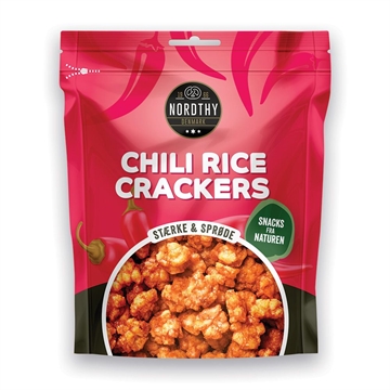 Pakke med Nordthy Chili Rice Crackers, 80g, pink med chilier, "Snacks fra naturen" angivet.
