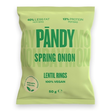 Grøn pakke med "Pandy Spring Onion". 40% mindre fedt, 13% protein, 100% vegansk, 50g.