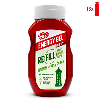 Rød flaske med "High5 Energy Gel Berry Refill", 315g kulhydrater, 13 portioner, bærsmag.