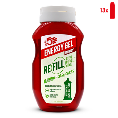 Rød flaske med "High5 Energy Gel Berry Refill", 315g kulhydrater, 13 portioner, bærsmag.
