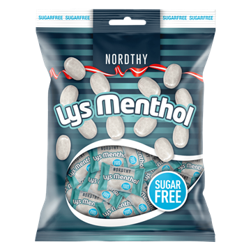 Pose med Nordthy Lys Menthol, sukkerfri, blå striber, mintpastiller, 125g.