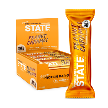 Orange pakke med STATE Protein Bar+ "Peanut Caramel", 28% protein, ingen tilsat sukker.