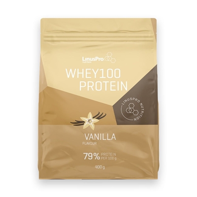 LinusPro Whey100 Protein Vanilje, 79% protein pr. 100g, med vaniljeblomst grafik på pakken.