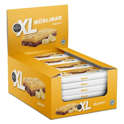 Gul kasse med XL Müsli Bar Banan, indpakket i bananmotiv, 24 stk. á 50g, åben front.