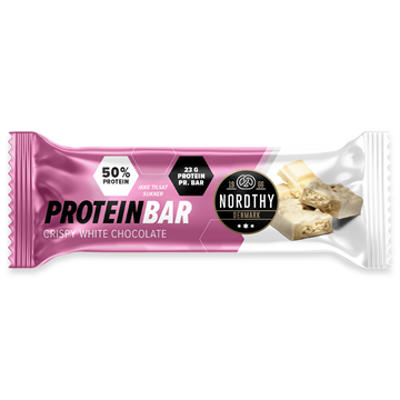 Nordthy proteinbar i hvid chokolade, 23g protein, hvid og pink emballage, billede af bar.