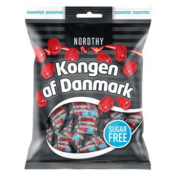 Pose med røde slik, "Kongen af Danmark", "SUGAR FREE" i blå cirkel, "NORDTHY" øverst.