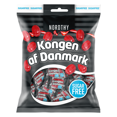 Pose med røde slik, "Kongen af Danmark", "SUGAR FREE" i blå cirkel, "NORDTHY" øverst.