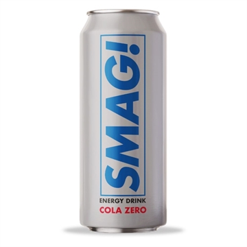 Sølvfarvet dåse med "SMAG!" logo. Tekst: "Energy Drink Cola Zero".