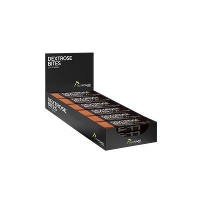 PurePower Dextrose Bites Cola i sort emballage, 12 pakker med ernæringsinfo synlig.