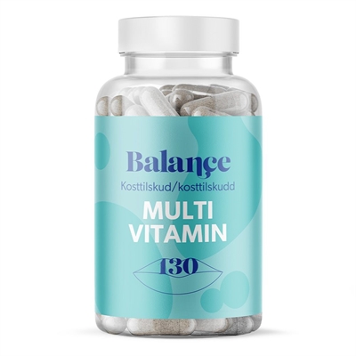 Beholder med "Balance" multivitaminer, 130 stk, kosttilskud, blå etiket.