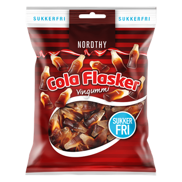 Rød pose med sukkerfri cola-flasker vingummi fra Nordthy.