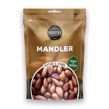 Gylden pose med Nordthy Ristede mandler, 75g. Mandlerne vises i en stor cirkel på posen.