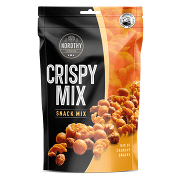 Emballage til Nordthy Nøddemix - Crispy Mix, sort med orange, 80g, sprøde snacks.