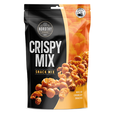 Emballage til Nordthy Nøddemix - Crispy Mix, sort med orange, 80g, sprøde snacks.