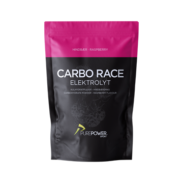 Sort og pink pose med "Carbo Race Elektrolyt" og "Hindbær". PurePower logo nederst.