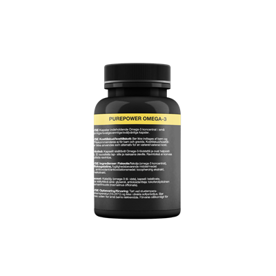 Sort flaske med etiketten "PUREPOWER OMEGA-3" og detaljer om næringsindhold.