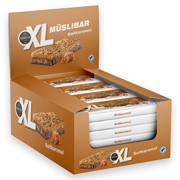 XL Müsli Bar Saltkaramel, brun pakke, 24 stk. á 50g, med karamelstykker og indpakket barer.