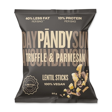 Sort pose med teksten "Pandy Truffle & Parmesan", "40% mindre fedt", "13% protein", "100% vegansk".