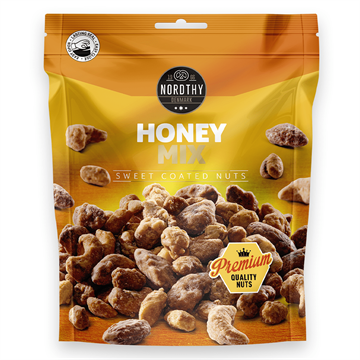 Pakke med Nordthy Honey Mix, sødt belagte nødder, 150g. Varme farver og "Premium Quality" mærkat.