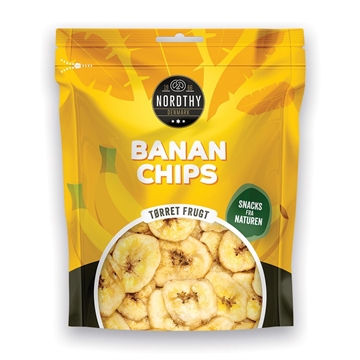 Pose med Nordthy bananchips, gul baggrund, bananbilleder, tekst: "BANAN CHIPS", "TØRRET FRUGT", 160g.