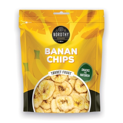 Pose med Nordthy bananchips, gul baggrund, bananbilleder, tekst: "BANAN CHIPS", "TØRRET FRUGT", 160g.