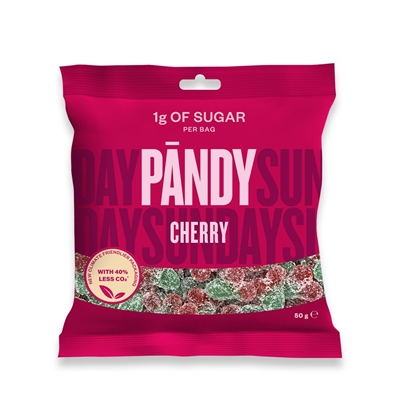 Pakke med Pandy Candy i kirsebærsmag, 1g sukker pr. pose, 50g vægt, "40% mindre" angivet.