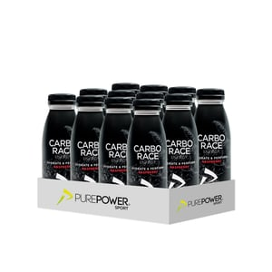 Tolv sorte flasker med PurePower-logo i bakke; Carbo Race R2D hindbærsmag, 330 ml.