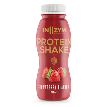 Rød flaske med IN2ZYM Protein Shake tekst og jordbærbillede, 250ml.