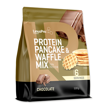 Pakke med LinusPro chokolade protein pandekage- og vaffelmix, 26% protein, 6 portioner, 500 g.