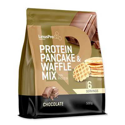 Pakke med LinusPro chokolade protein pandekage- og vaffelmix, 26% protein, 6 portioner, 500 g.