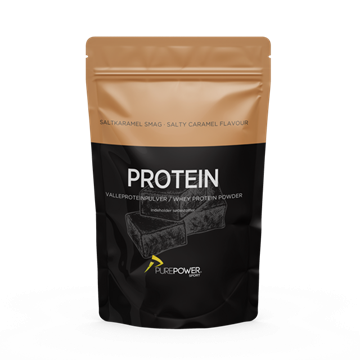 PurePower proteinpulver 400g med saltkaramel smag i brun og sort pose.