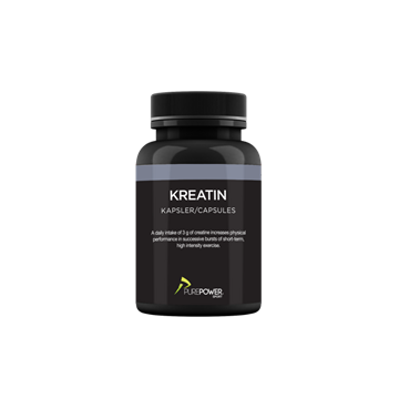 Sort flaske med etiketten "Kreatin Kapsler/Capsules" fra PurePower, 120 kapsler.
