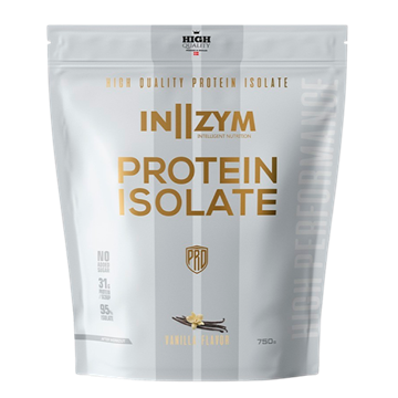 Sølvpose med INZYM Whey Protein Isolate, vaniljesmag, 750g. Guldtekst og vaniljeblomst.