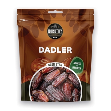 Nordthy Dadler 150g pose, brun med gennemsigtig sektion, teksten "UDEN STEN" og "SNACKS FRA NATUREN".