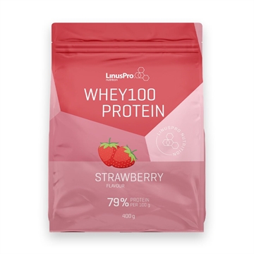 LinusPro Whey100 Protein jordbærsmag, 79% protein. Rød og pink emballage med jordbærbillede.