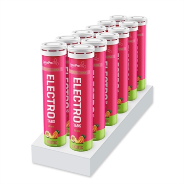 LinusPro Elektrolyt Tabs i pink emballage på display, smag "Exotic," hver tube indeholder 20 tabletter.