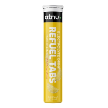 Gul ATNU Refuel Tabs beholder med citron- og koffeinsmag, 84g, 20 tabletter, 250mg natrium pr. tablet.