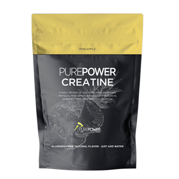 Sort pose med gul top, PurePower Creatine, ananasdesign. Naturlig smag, allergenfri.